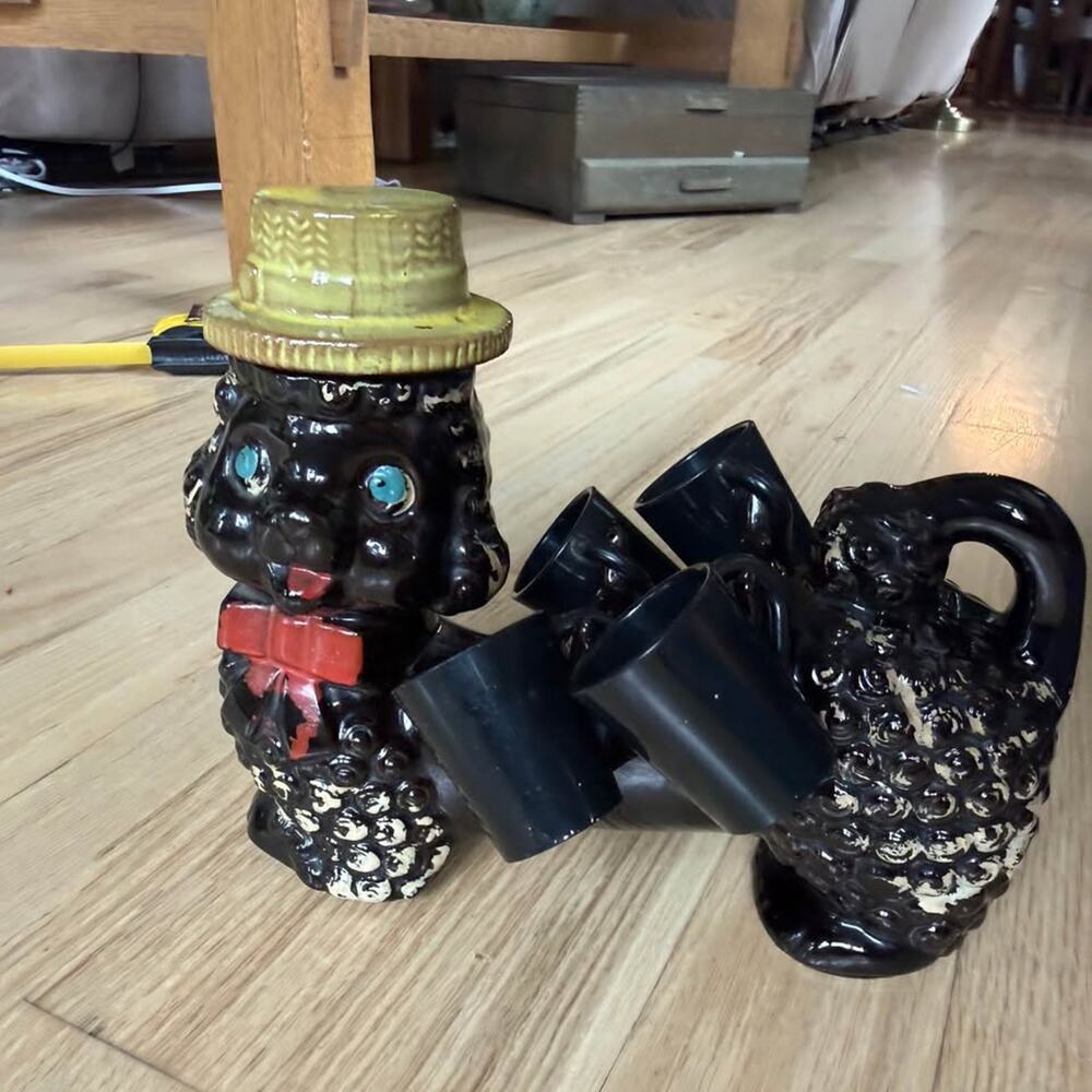 Vintage 1950s Black Redware Poodle Decanter Set Mid-Century Modern Barware Japan